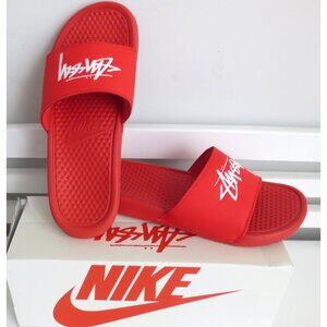 NWB Nike x Stussy Benassi Slides Mens Habanero Red Slip On Sandal Sz-9